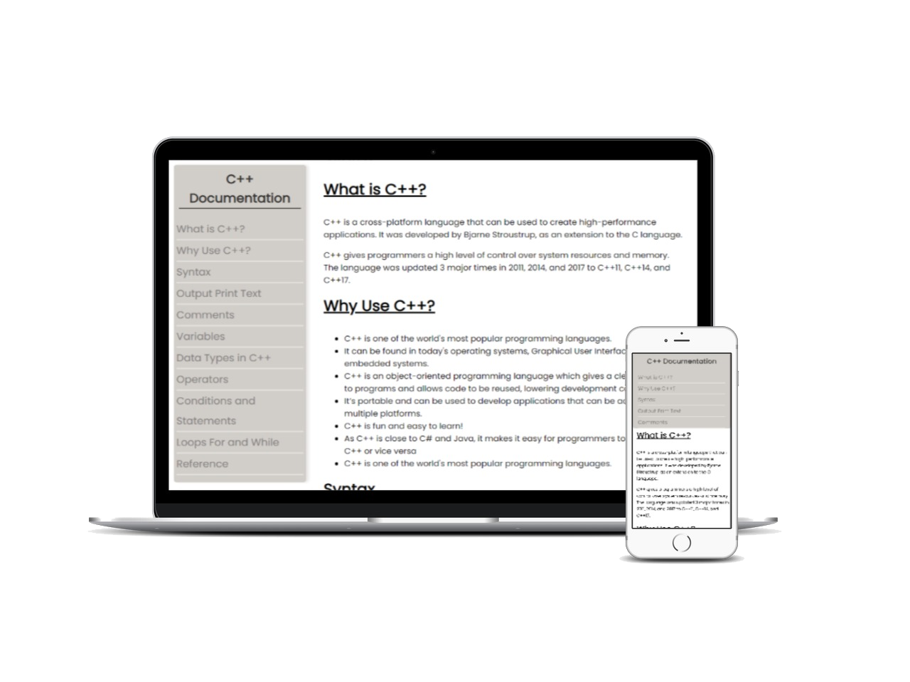 technical documentation page responsive mockup